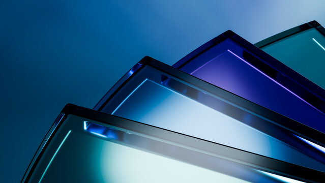 Angled blue glass panels with reflective geometric surfaces