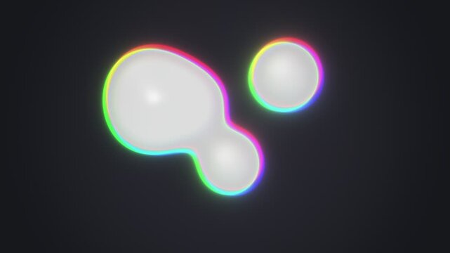 Prismatic glowing metaballs merging on dark background, seamless loop. Abstract 3D liquid blobs morphing with rainbow chromatic edge