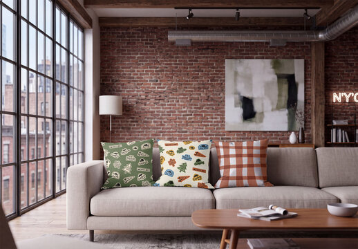 Mockup Template of Three Throw Pillows on Sofa