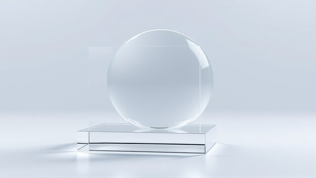 Clear sphere rests upon square base. Minimalist studio lighting creates soft shadows, highlighting glass texture. Simple composition.