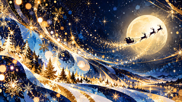 Christmas advertising background with sleigh and reindeer under full moon