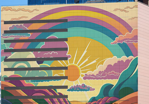 Mockup Template of Pink Wallscape, Building Facade Mural in Los Angeles 