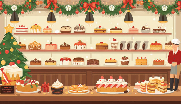 Classic Christmas bakery illustration featuring dessert shelves, cakes, chef character, and holiday decorations. Perfect for bakery branding, seasonal advertising, menu layouts, and festive campaigns.