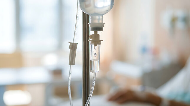Close-up of intravenous IV drip bag and chamber with saline solution in a bright hospital room.