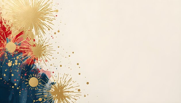 New Year fireworks background with copy space for text, hand painted brush style holiday design template, festive gold red blueNew Year fireworks background with copy space for text, hand painted brus