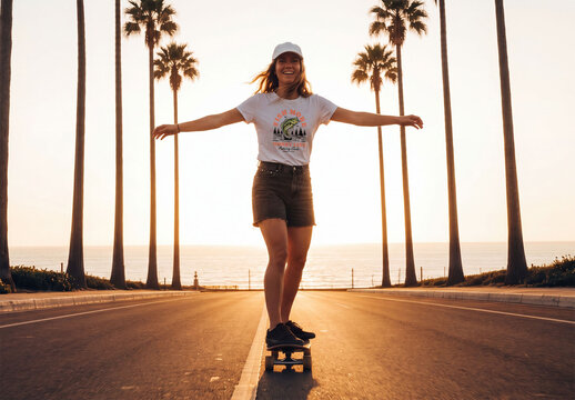 Mockup Template of White T Shirt on Woman Skateboarding