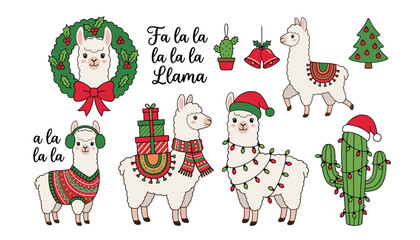 Cute Christmas llama alpaca vector bundle with festive elements cactus lights gifts wreath and holiday quotes text sticker illustration set © Siraj