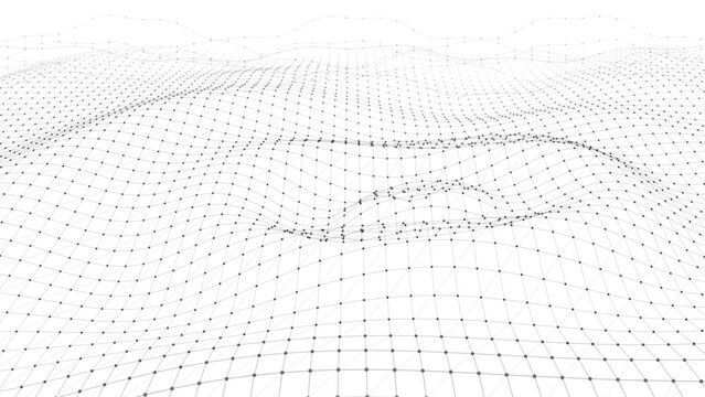 Wireframe terrain grid with dots on white background, abstract 3d mesh landscape surface for technology and data design