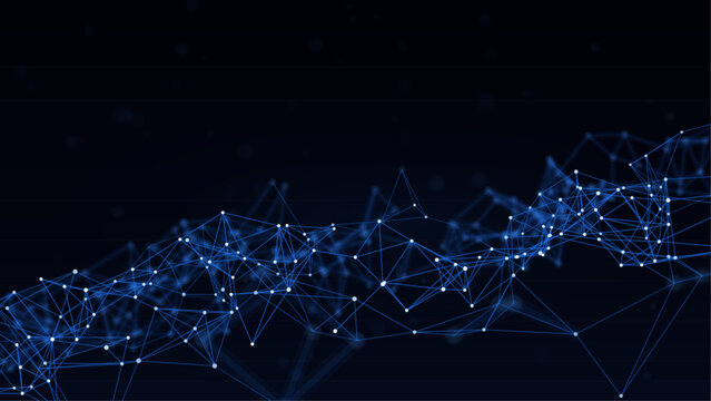 Blue plexus network of connected dots and lines on dark background, abstract digital connection technology backdrop