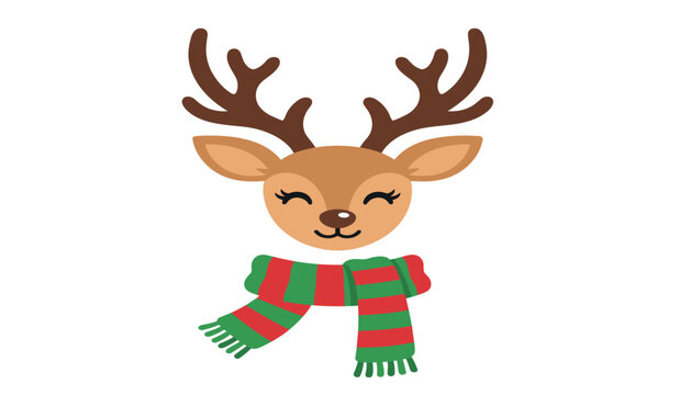 Cute Christmas reindeer head vector illustration with big antlers wearing a festive red and green striped winter scarf