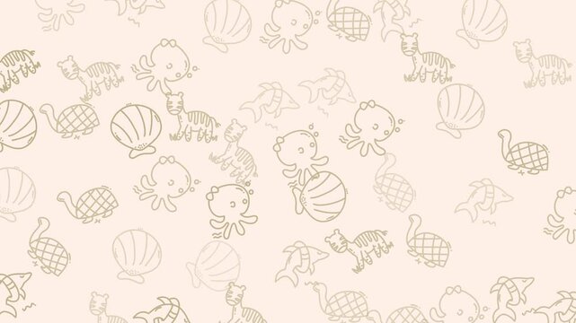 Cute repeat pattern with cartoon sea creatures on a light pink background ideal for childrens products, stationery, textiles, and packaging.