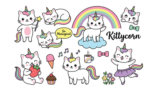 Cute caticorn kittycorn vector bundle with magical cat unicorn characters rainbow sweets and typography quotes illustration sticker set