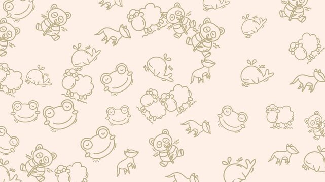Pattern repeating sketches of cute pandas, sheep, frogs, whales, baby cat animals. Ideal for textile prints, childrens books, and stationery design.