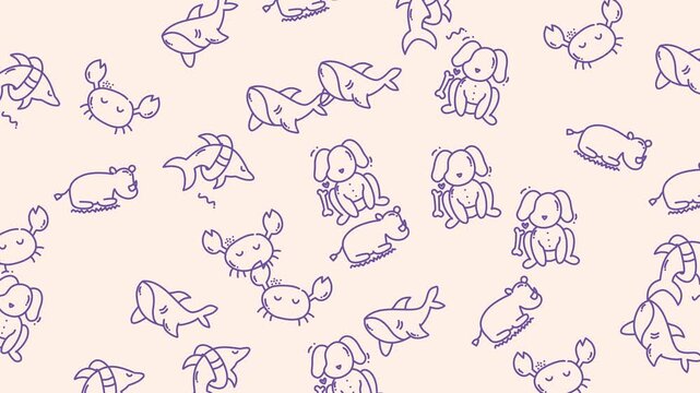 Cute doodle pattern with small sharks, puppies, crabs, baby hippos. Perfect for kids products, stationery, decor, and textiles.