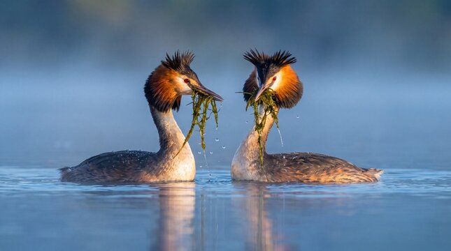 Great Crested Grebes Performing Weed Dance Courtship on Lake