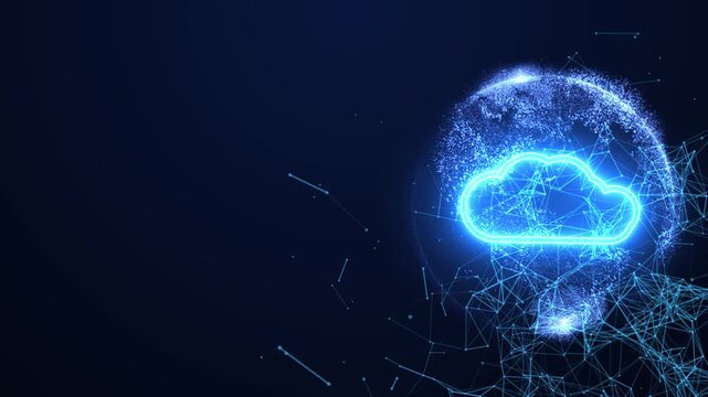 blue glowing cloud icon background, futuristic digital earth particle sphere, cloud computing global network, plexus network global server database backup cloud.