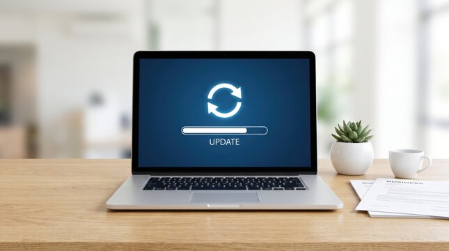 Laptop on Desk Showing System Software Update Loading Bar and Sync Icon Front View