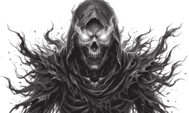 Monochrome halftone dotted illustration of a scary grim reaper wraith with glowing eyes. Dark evil horror graphic. Vector minimalist background.