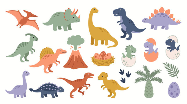 Cute cartoon dinosaur collection vector set showcasing prehistoric animals, colorful baby dinos and volcanic elements, concept for nursery room decoration and children educational design