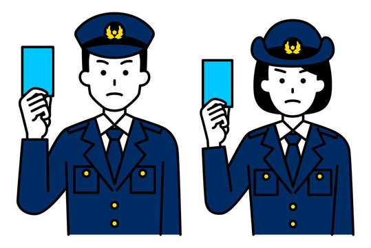 青切符を掲げる男女の警察官　セット