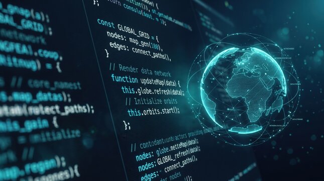 Glowing lines of programming code beside translucent digital globe made of dots, global technology concept