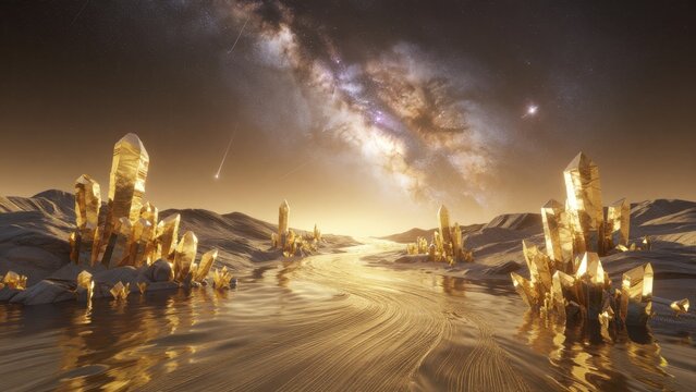 Ethereal Landscape with Golden Crystals Under a Galactic Sky