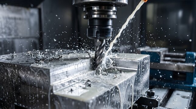 Realistic photo showing a CNC milling machine performing precision machining and cutting on metal material. The image represents precision manufacturing, CNC technology, metal machining.
