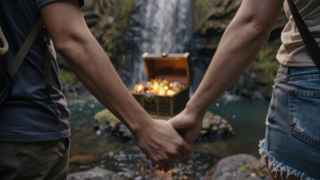 Couple Holding Hands Near Waterfall with Treasure Chest Scene
