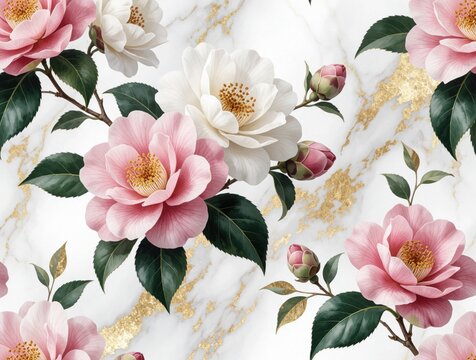 Elegant floral pattern with pink, white camellia flowers on white marble background. Gold veins add luxury touch to botanical design. Beautiful garden blooms with green leaves create sophisticated