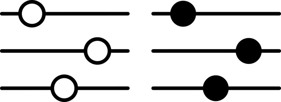 Set of slider control icons with white and black circular knobs on horizontal lines
