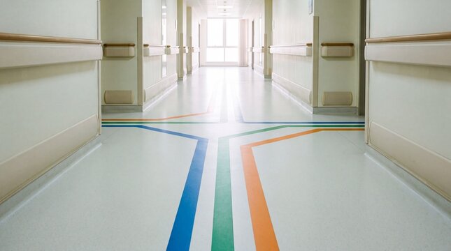 Color Coded Wayfinding Lines on Hospital Corridor Floor
