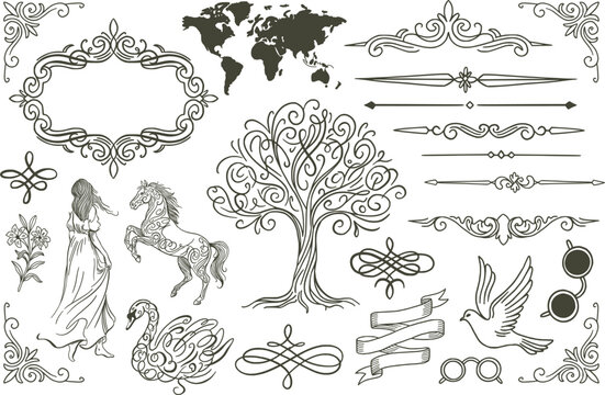 Vintage Hand Drawn Decorative Elements Set with Tree Horse Swan and Ornamental Borders Vector Collection