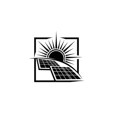 Solar Panel and Sun Logo Icon, Renewable Energy Symbol, Clean Power Concept, Vector Illustration