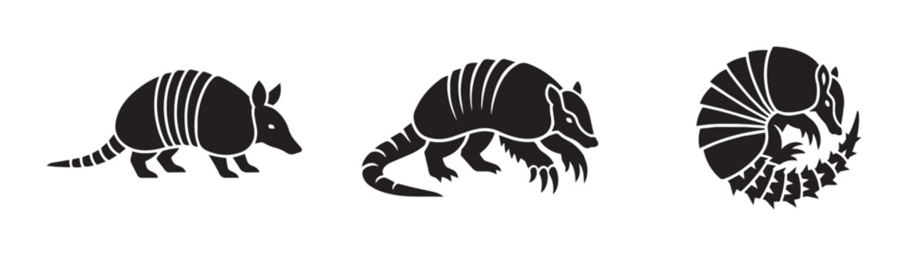 Armadillo silhouettes set with animals in different poses, wildlife
