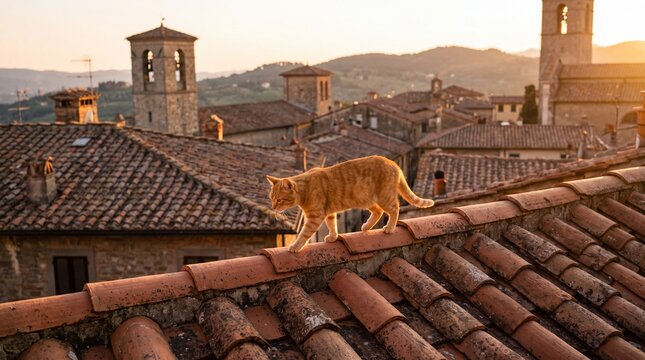 Cat Walking Along Terracotta Roof Ridge Above Mediterranean Town