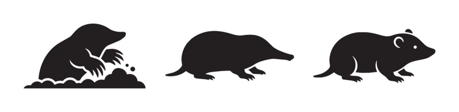 Mole silhouettes set with digging animal and rodent, wildlife for logo