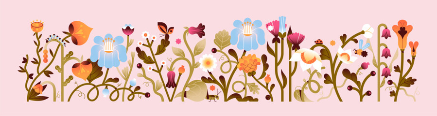 Fototapeta premium Banner with abstract spring flowers. Background with blooming spring nature. Floral pattern with meadow plants. Design of banner with abstract summer flowers. Floral art. Pattern with wildflowers