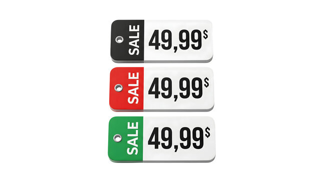 Three colorful price tags black red and green displaying SALE and 49.99 dollars on a transparent background