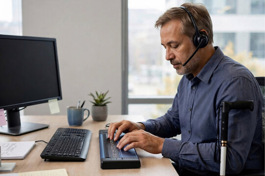 Blind Professional Reading Braille Display At Modern Office Desk