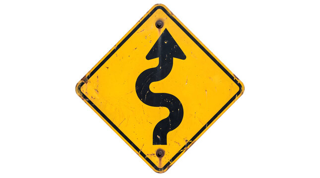 A distressed yellow diamond shaped road sign with a black border and a winding road arrow symbol on a transparent background