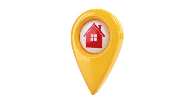 Yellow plastic location pin map pointer with house icon symbol isolated on transparent background