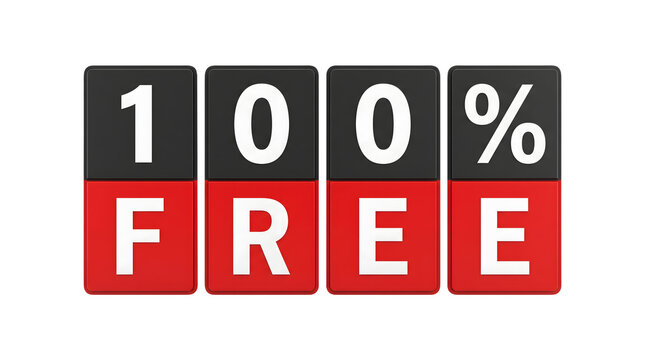 Digital display blocks showing the message 100 percent FREE in black and red colors on a transparent background representing a promotional offer