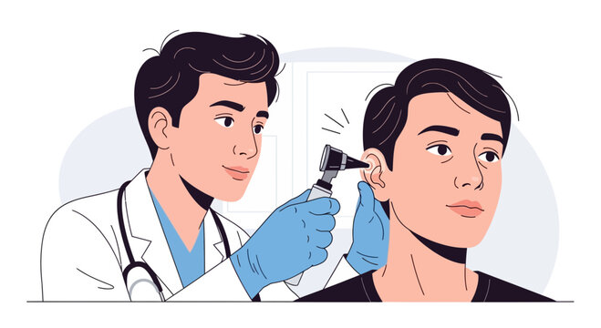 Doctor examining patient's ear with otoscope on transparent background