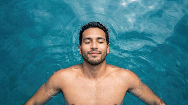 A serene man with eyes closed floating peacefully in clear blue water for a relaxing summer break