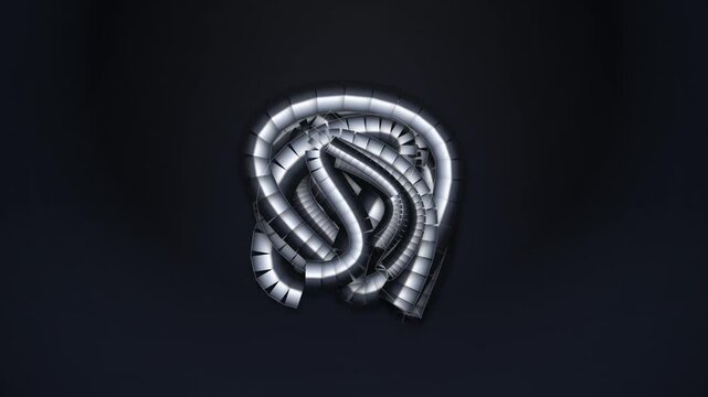 Abstract metallic spiral rotating in dark background cinematic 3d motion graphic element.