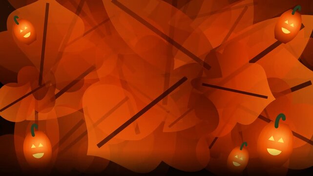Orange halloween pumpkins floating over falling autumn leaves background in motion graphic.