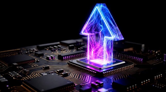 Holographic upward arrow emerging from a microchip on a motherboard symbolizing computer processing power and technological upgrade