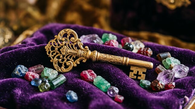 Ornate gold vintage key resting on a soft purple velvet fabric surface with colorful gems