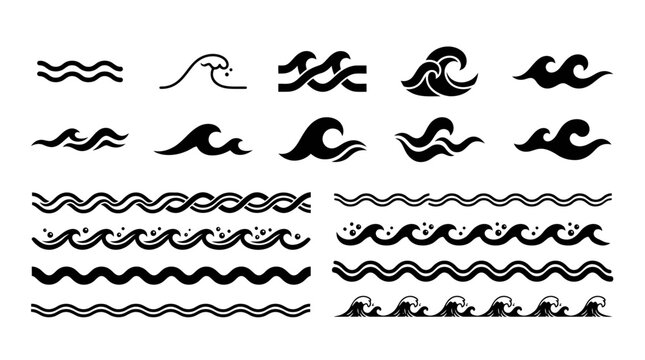Set of black hand drawn ocean waves icons and decorative line dividers for sea and water themed graphic design projects