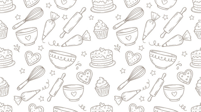Seamless pattern with hand drawn baking tools and sweet desserts including cupcakes cakes and pastry bags for cooking